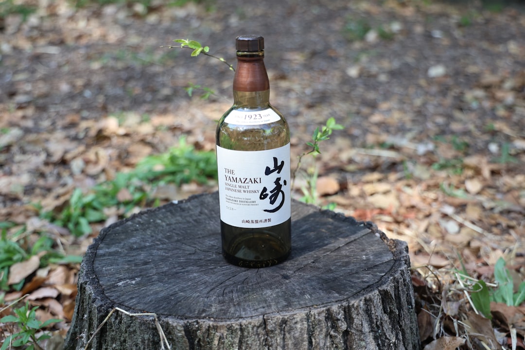 a bottle of wine sitting on top of a tree stump