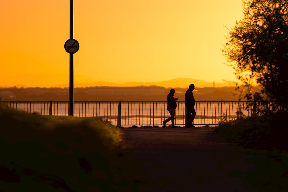 Silhouetted couple strolls along a path at sunset, creating serene scenery.
