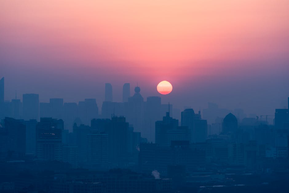 Silhouetted city skyline with a stunning sunset, casting a warm glow over the buildings.