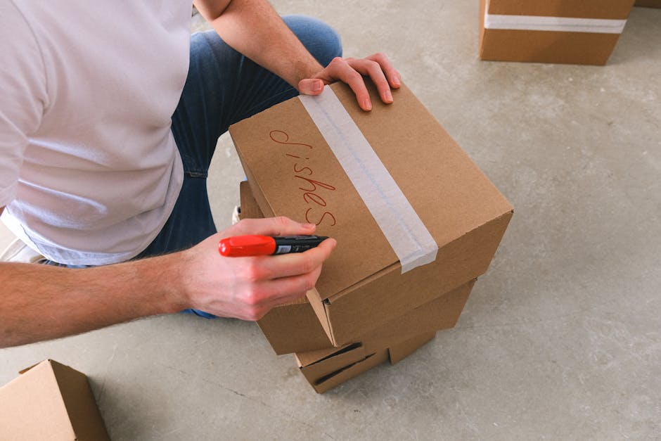 Close-up of a person labeling a cardboard box with a red marker, preparing for a move.