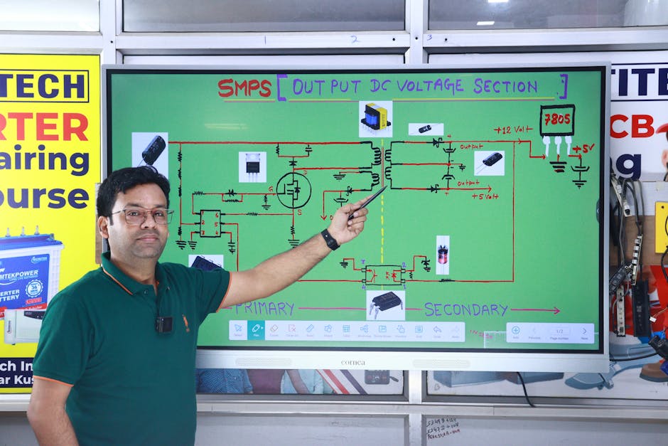 Instructor explaining SMPS voltage section diagram during AC repair course in New Delhi.